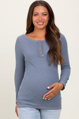 Blue Button Detail Maternity Long Sleeve Thermal Top