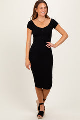 Black Ribbed Wide Neckline Fitted Midi Dress