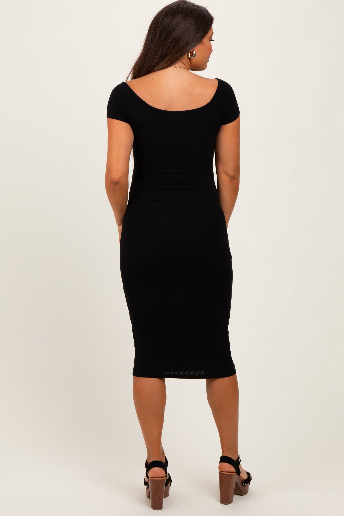 Black Ribbed Wide Neckline Fitted Maternity Midi Dress