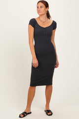 Charcoal Ribbed Wide Neckline Fitted Midi Dress