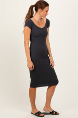 Charcoal Ribbed Wide Neckline Fitted Midi Dress