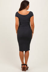 Charcoal Ribbed Wide Neckline Fitted Maternity Midi Dress