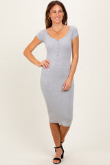 Heather Grey Ribbed Wide Neckline Fitted Midi Dress