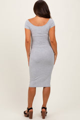 Heather Grey Ribbed Wide Neckline Fitted Maternity Midi Dress
