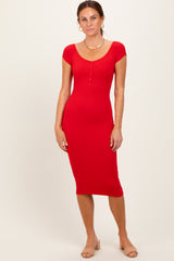 Red Ribbed Wide Neckline Fitted Midi Dress
