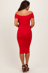 Red Ribbed Wide Neckline Fitted Maternity Midi Dress