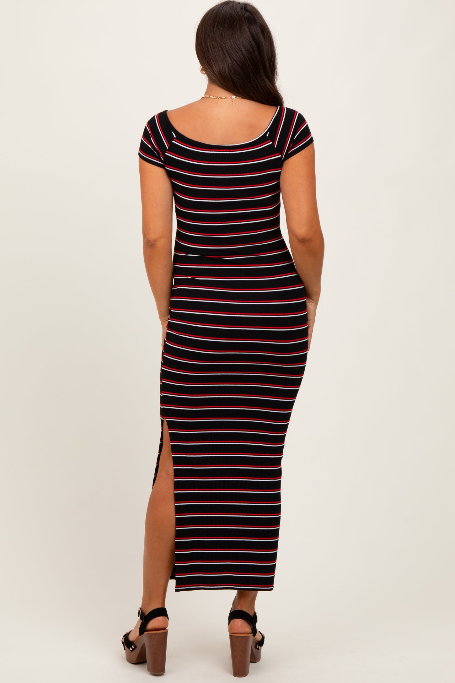 Black Striped Wide Neckline Side Slit Maternity Maxi Dress