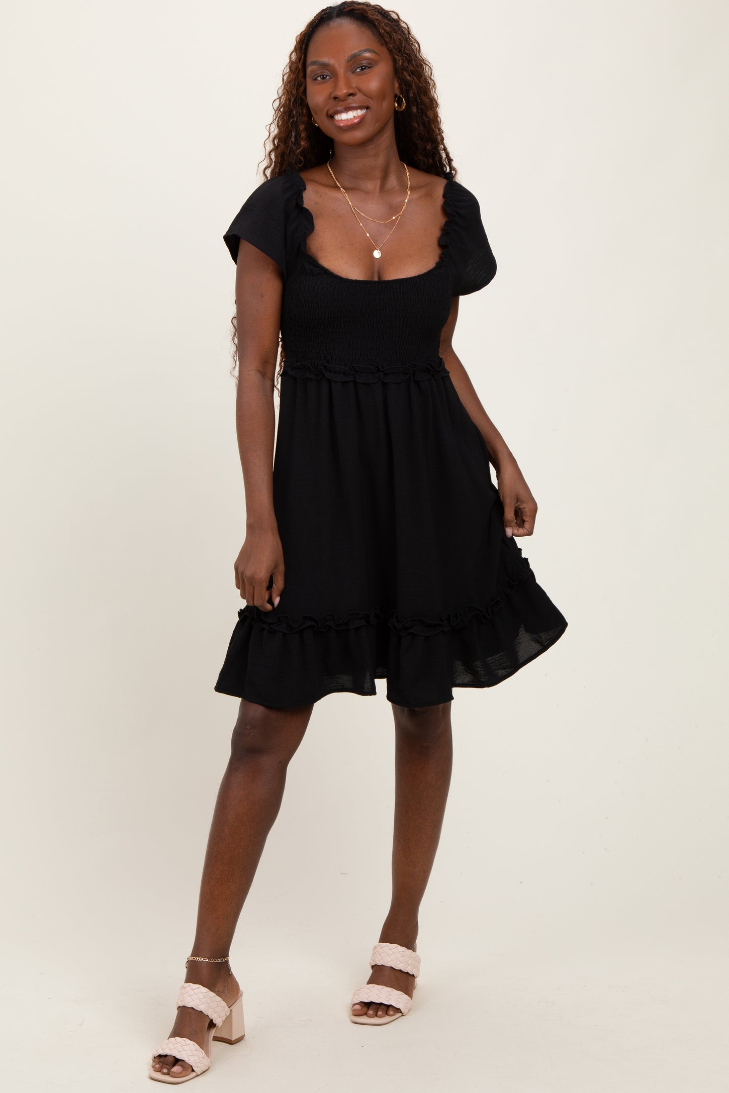 Black Smocked Ruffle Detail Mini Dress PinkBlush Black Smocked Ruffle Detail Mini Dress PinkBlush