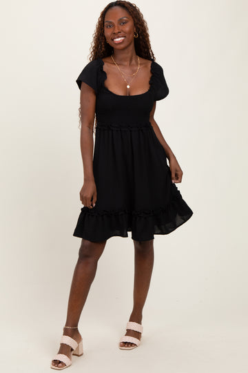 Black Smocked Ruffle Detail Mini Dress