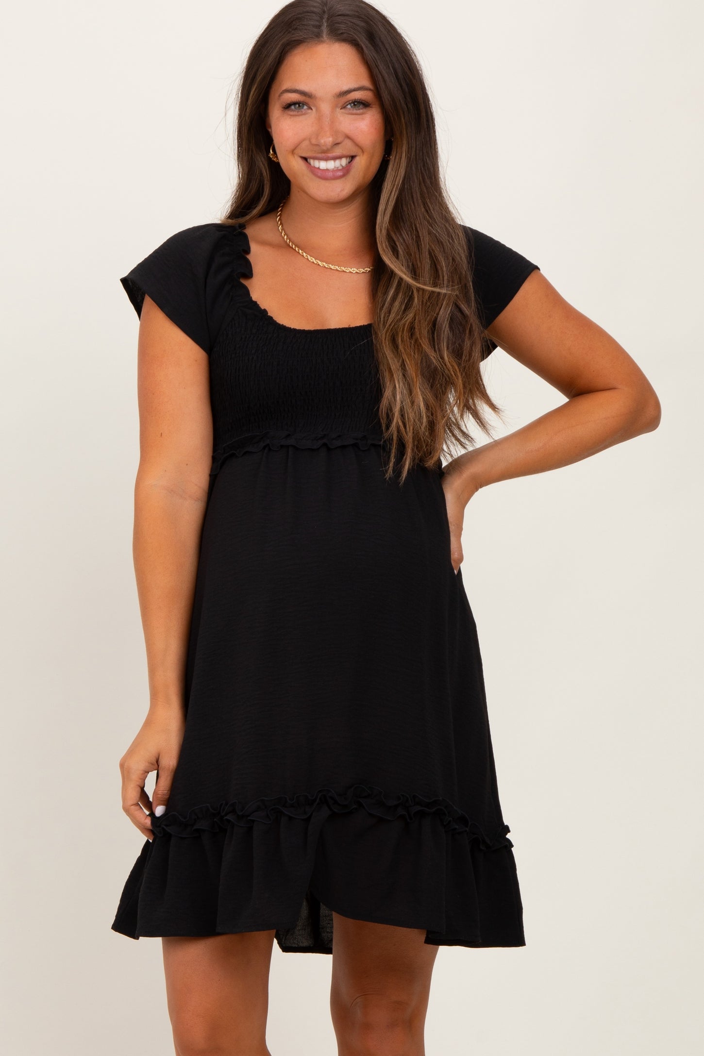 Black Smocked Ruffle Detail Maternity Mini Dress