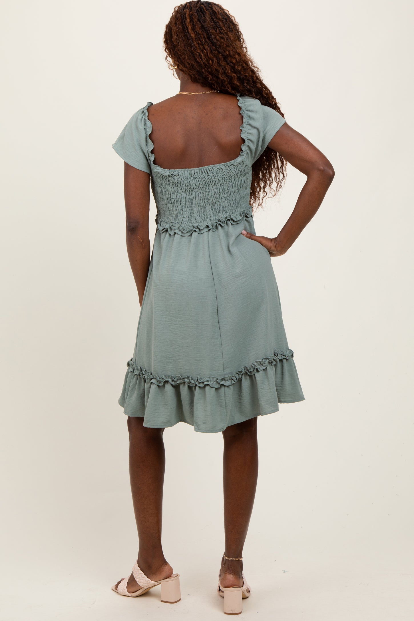 Light Olive Smocked Ruffle Detail Mini Dress