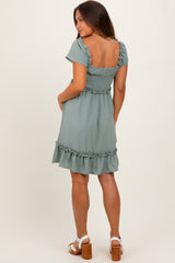 Light Olive Smocked Ruffle Detail Maternity Mini Dress
