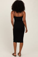 Black Button Detail Thin Strap Fitted Midi Dress