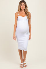White Button Detail Thin Strap Fitted Maternity Midi Dress