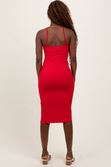 Red Button Detail Thin Strap Fitted Midi Dress