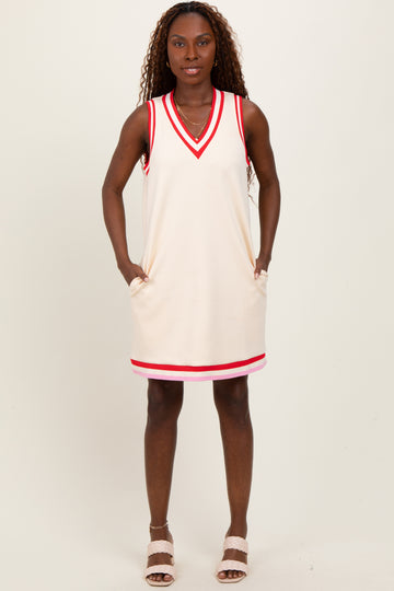 Cream Sleeveless Border Detail V-Neck Mini Dress