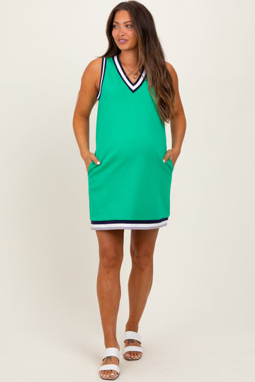 Green Sleeveless Border Detail V-Neck Maternity Mini Dress