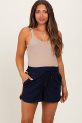 Navy Drawstring Stripe Detail Maternity Shorts