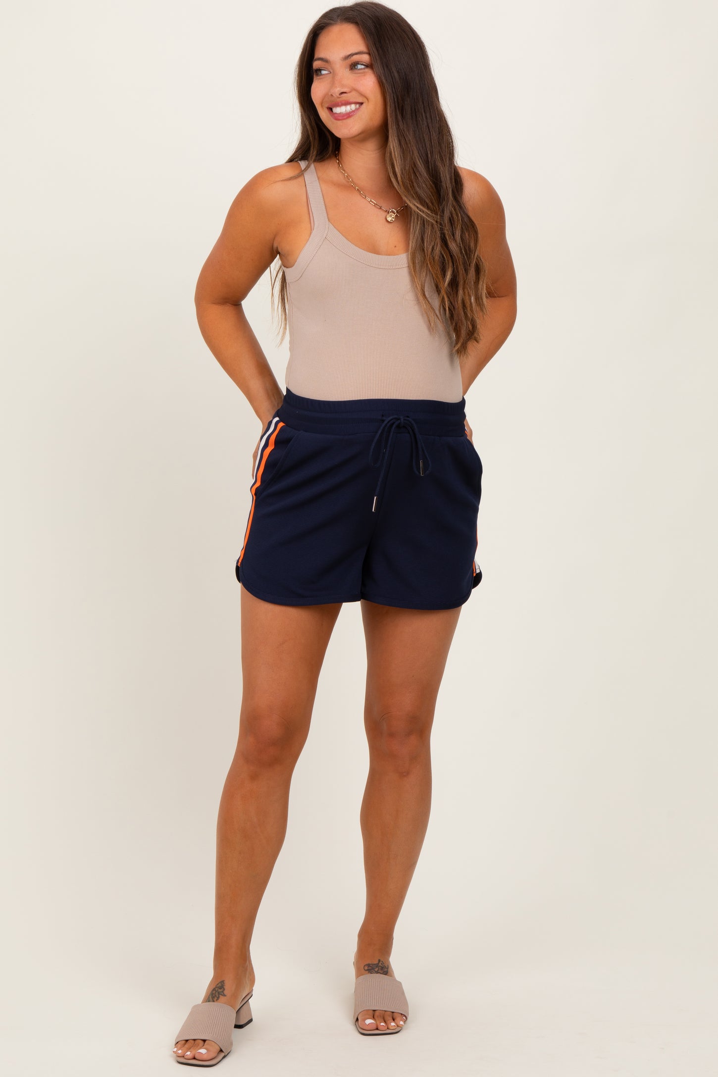 Navy Drawstring Stripe Detail Maternity Shorts