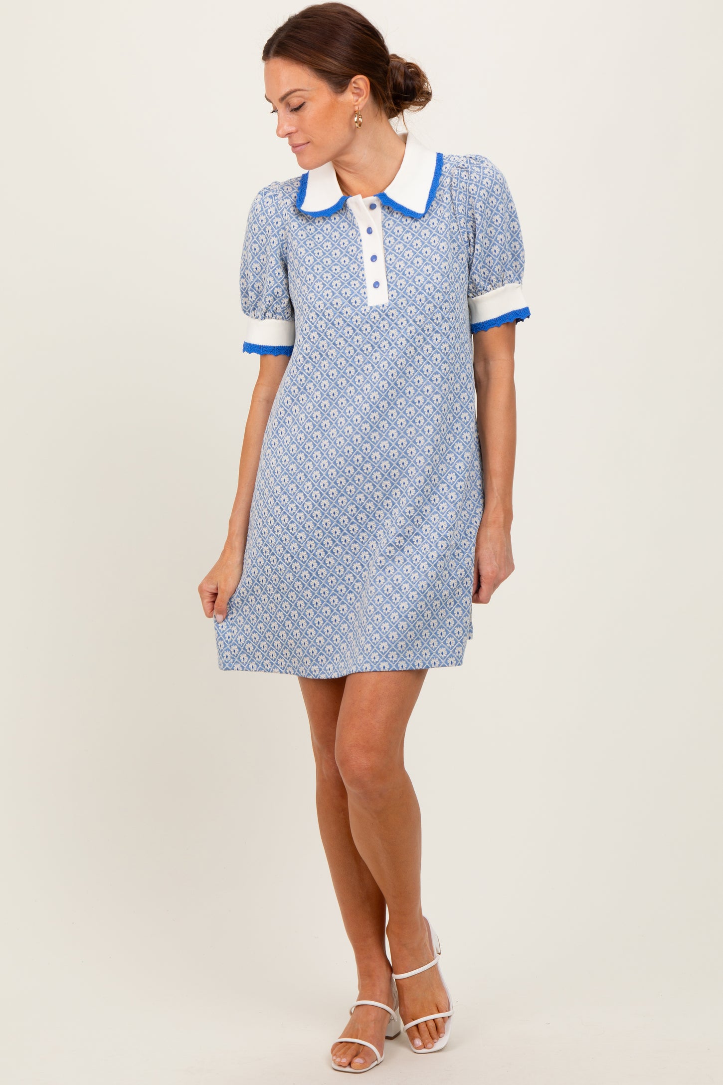Blue Diamond Print Crochet Trim Polo Dress