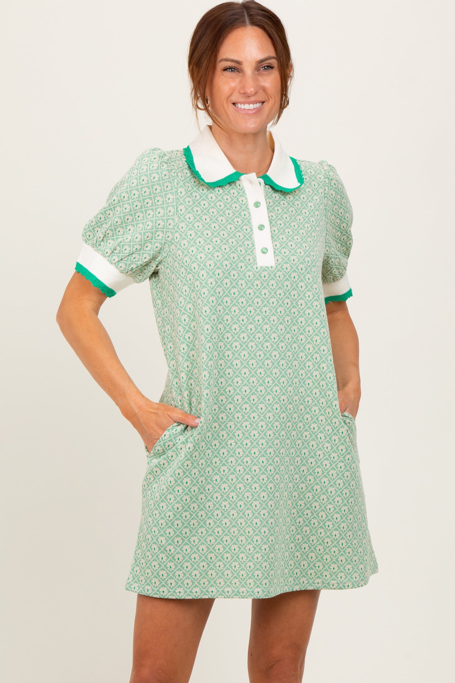 Green Diamond Print Crochet Trim Maternity Polo Dress