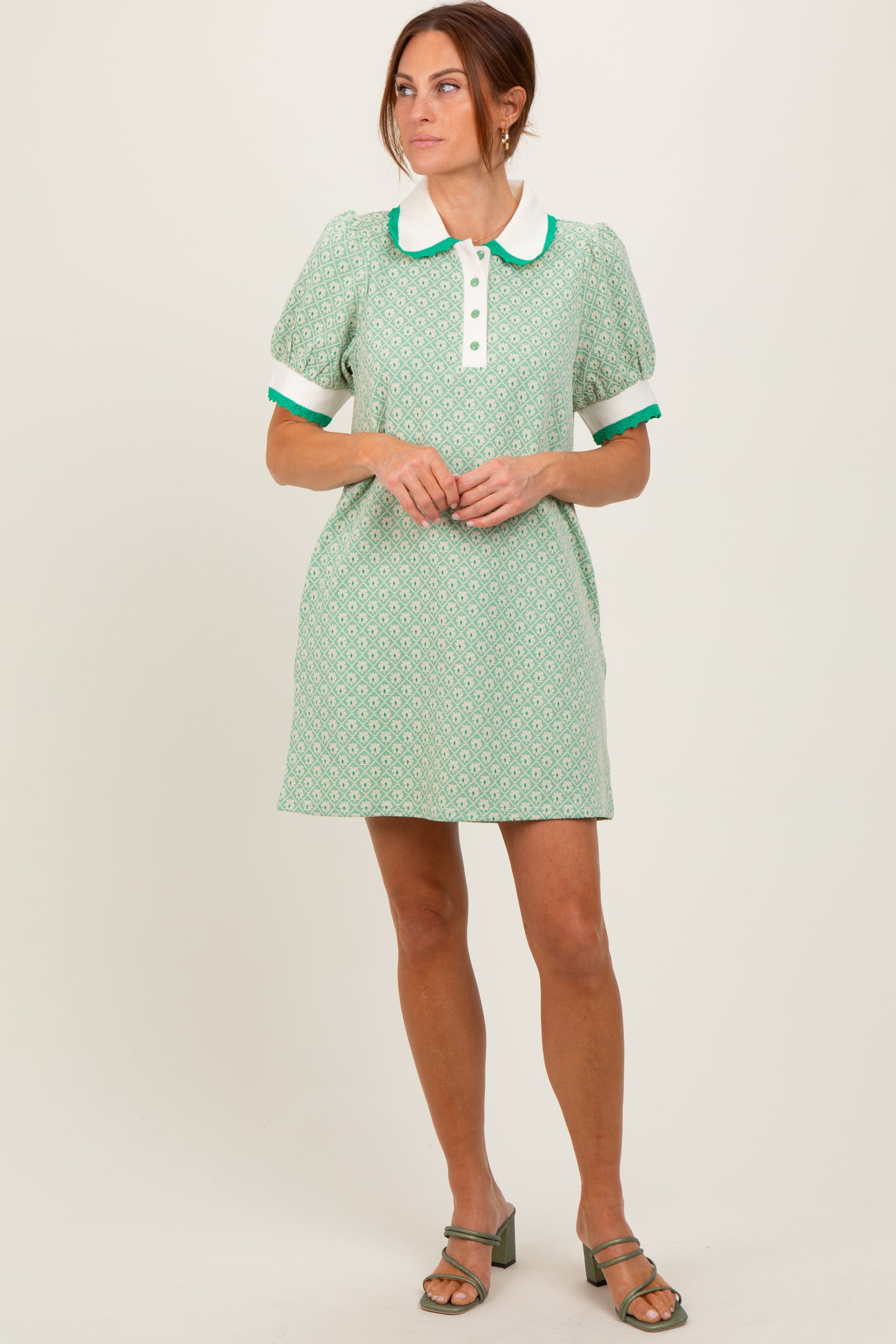 Green Diamond Print Crochet Trim Polo Dress