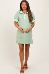 Green Diamond Print Crochet Trim Maternity Polo Dress