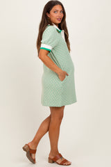 Green Diamond Print Crochet Trim Maternity Polo Dress