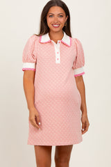 Pink Diamond Print Crochet Trim Maternity Polo Dress