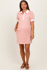 Pink Diamond Print Crochet Trim Maternity Polo Dress