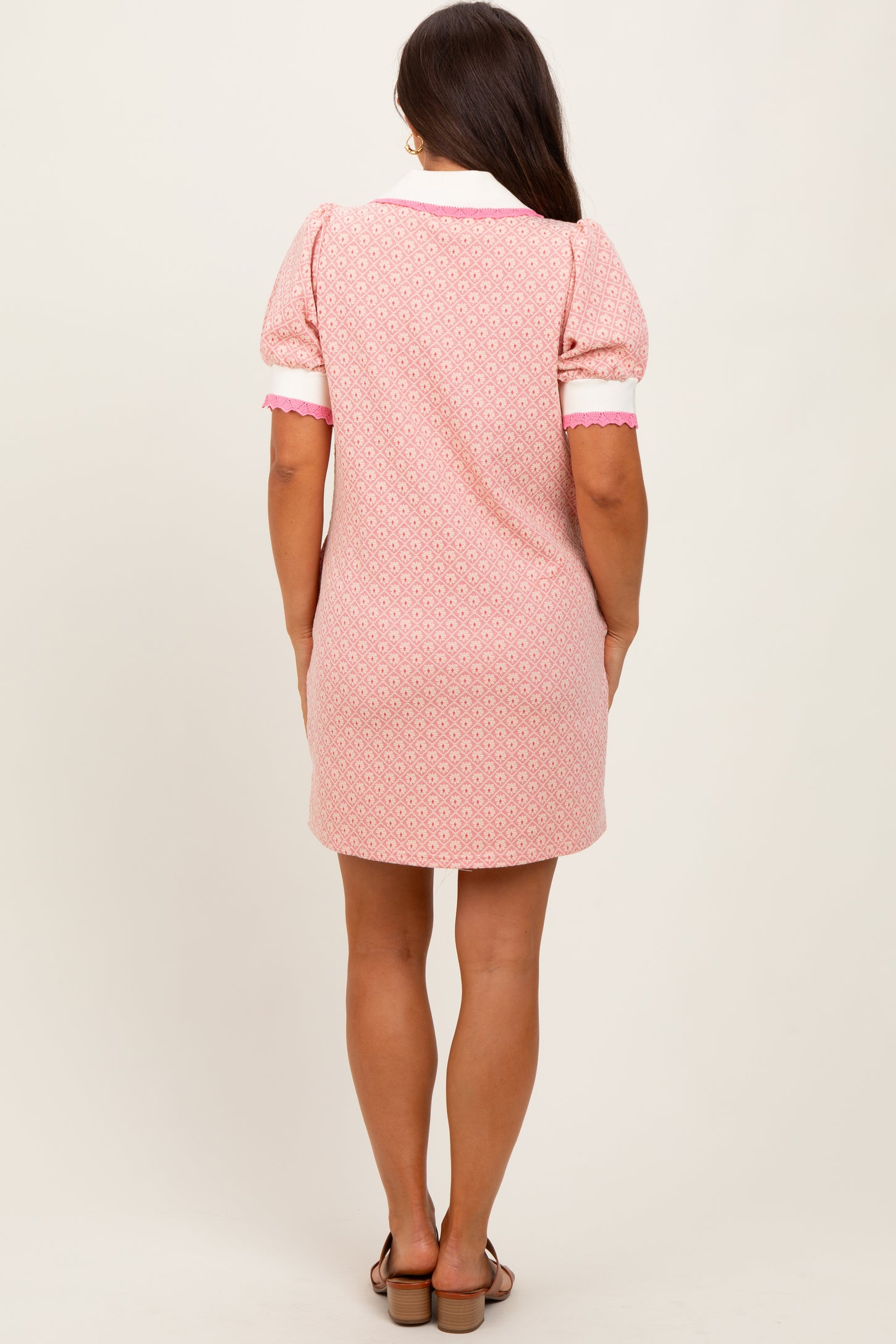 Pink Diamond Print Crochet Trim Maternity Polo Dress