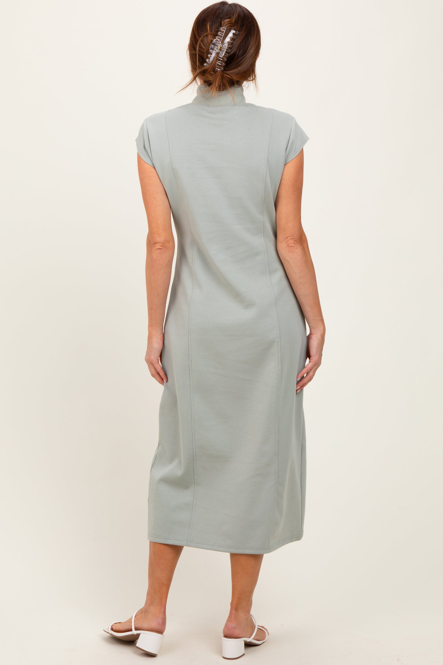 Light Olive Mock Neck Short Sleeve Midi Dress