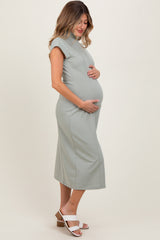 Light Olive Mock Neck Short Sleeve Maternity Midi Dress