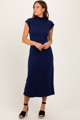 Navy Mock Neck Short Sleeve Maternity Midi Dress