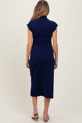 Navy Mock Neck Short Sleeve Maternity Midi Dress