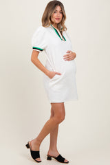Ivory Jacquard Zipper Collar Maternity Mini Dress