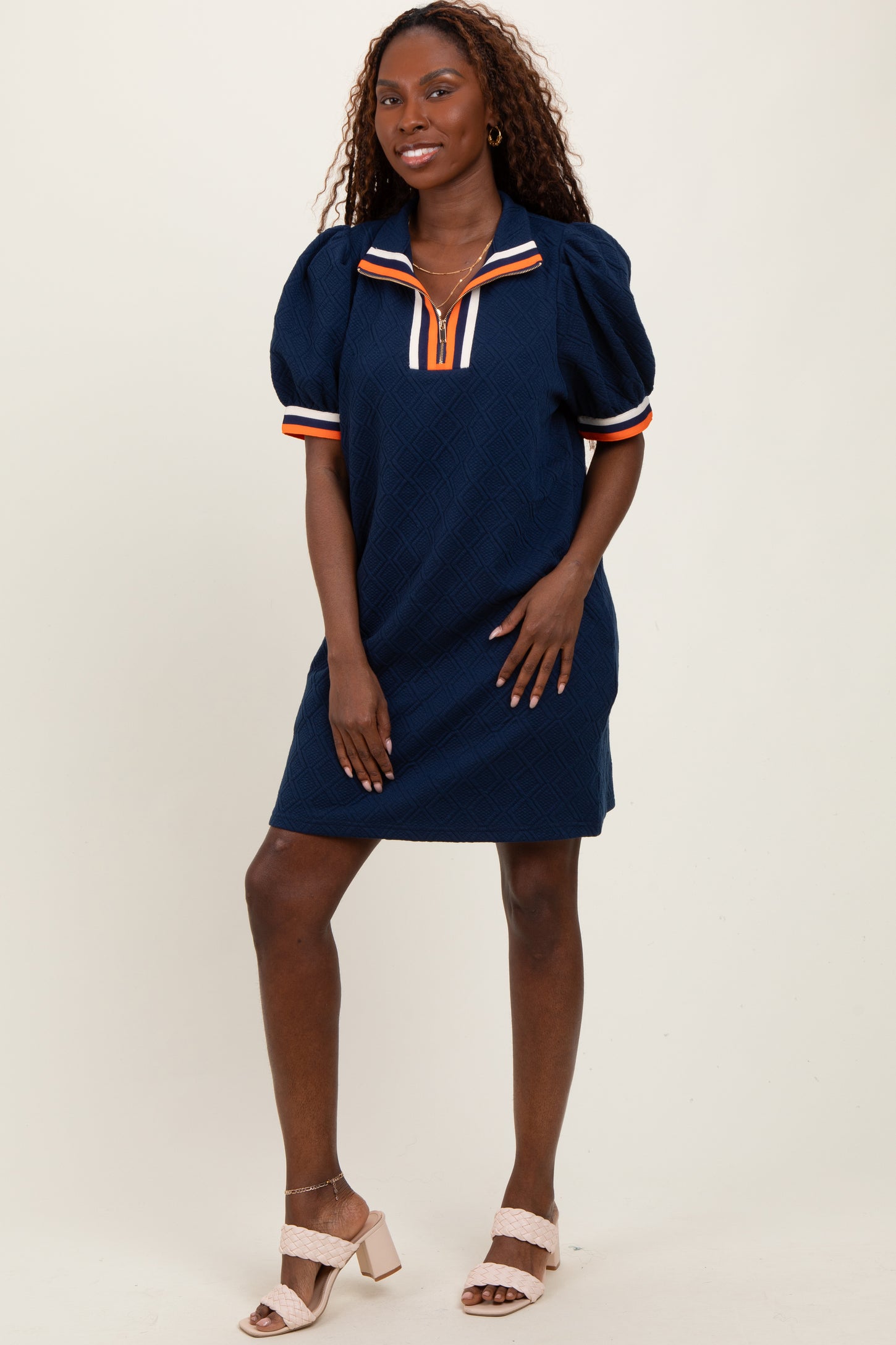 Navy Jacquard Zipper Collar Maternity Mini Dress