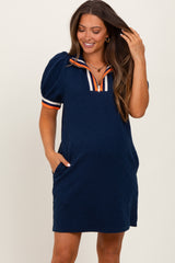 Navy Jacquard Zipper Collar Maternity Mini Dress