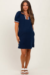 Navy Jacquard Zipper Collar Maternity Mini Dress