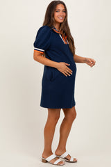 Navy Jacquard Zipper Collar Maternity Mini Dress