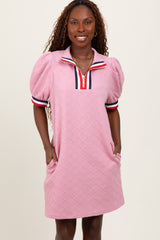 Pink Jacquard Zipper Collar Maternity Mini Dress