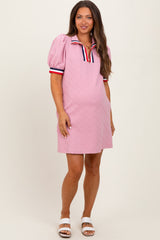 Pink Jacquard Zipper Collar Maternity Mini Dress