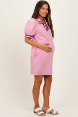 Pink Jacquard Zipper Collar Maternity Mini Dress