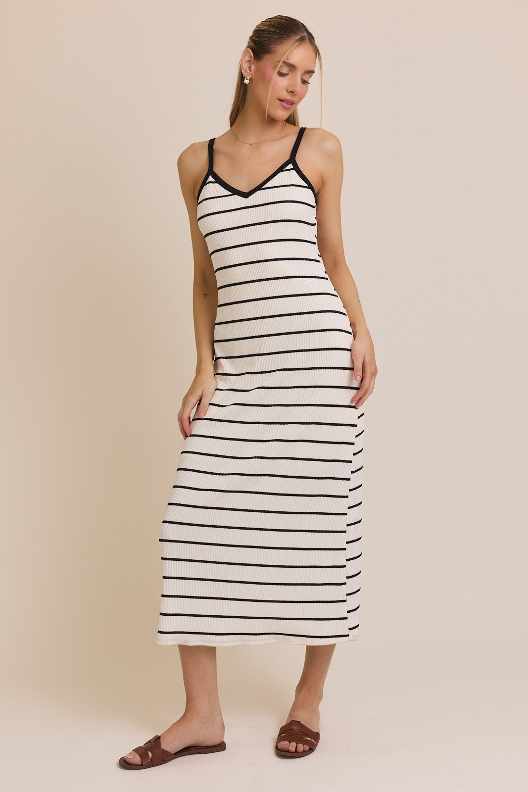 White Striped Ribbed Adjustable Strap Maternity Midi Dress
