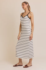 White Striped Ribbed Adjustable Strap Midi Dress