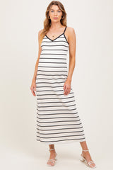 White Striped Ribbed Adjustable Strap Maternity Midi Dress