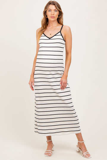 White Striped Ribbed Adjustable Strap Maternity Midi Dress