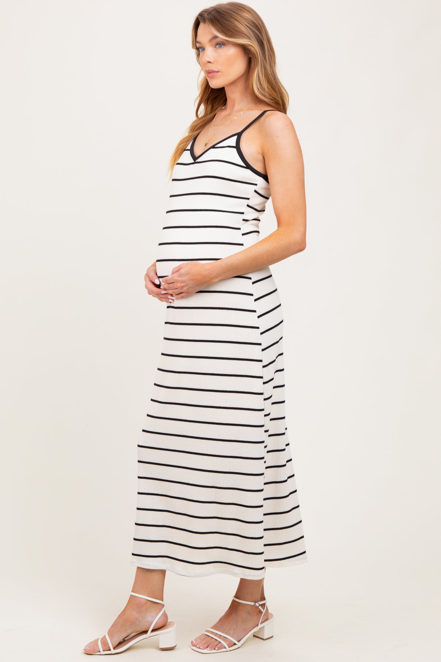 White Striped Ribbed Adjustable Strap Maternity Midi Dress