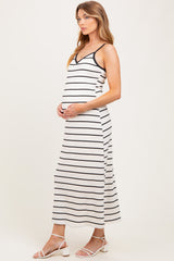 White Striped Ribbed Adjustable Strap Maternity Midi Dress