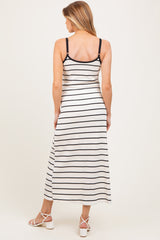White Striped Ribbed Adjustable Strap Maternity Midi Dress